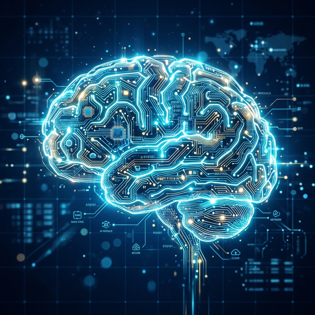 Abstract glowing AI brain circuit