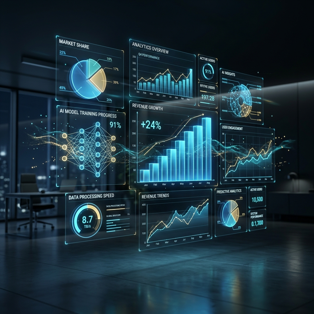 3D floating data charts and holographic analytics