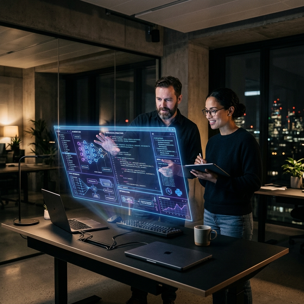 Professionals looking at holographic monitor