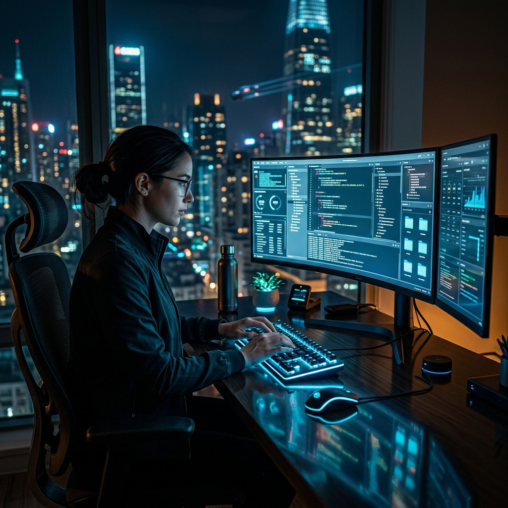 Professional typing on glowing keyboard