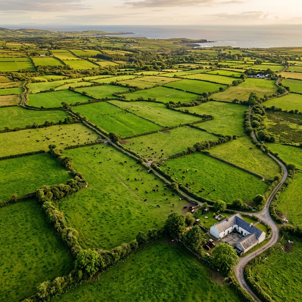 Aerial view of Irish farm fields with grazing cattle