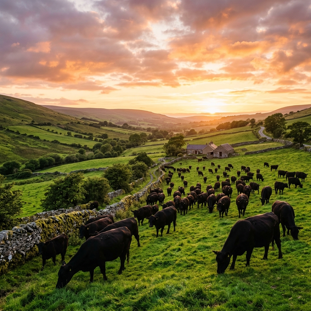 Herd of black Angus cattle grazing on Irish hillside at golden hour