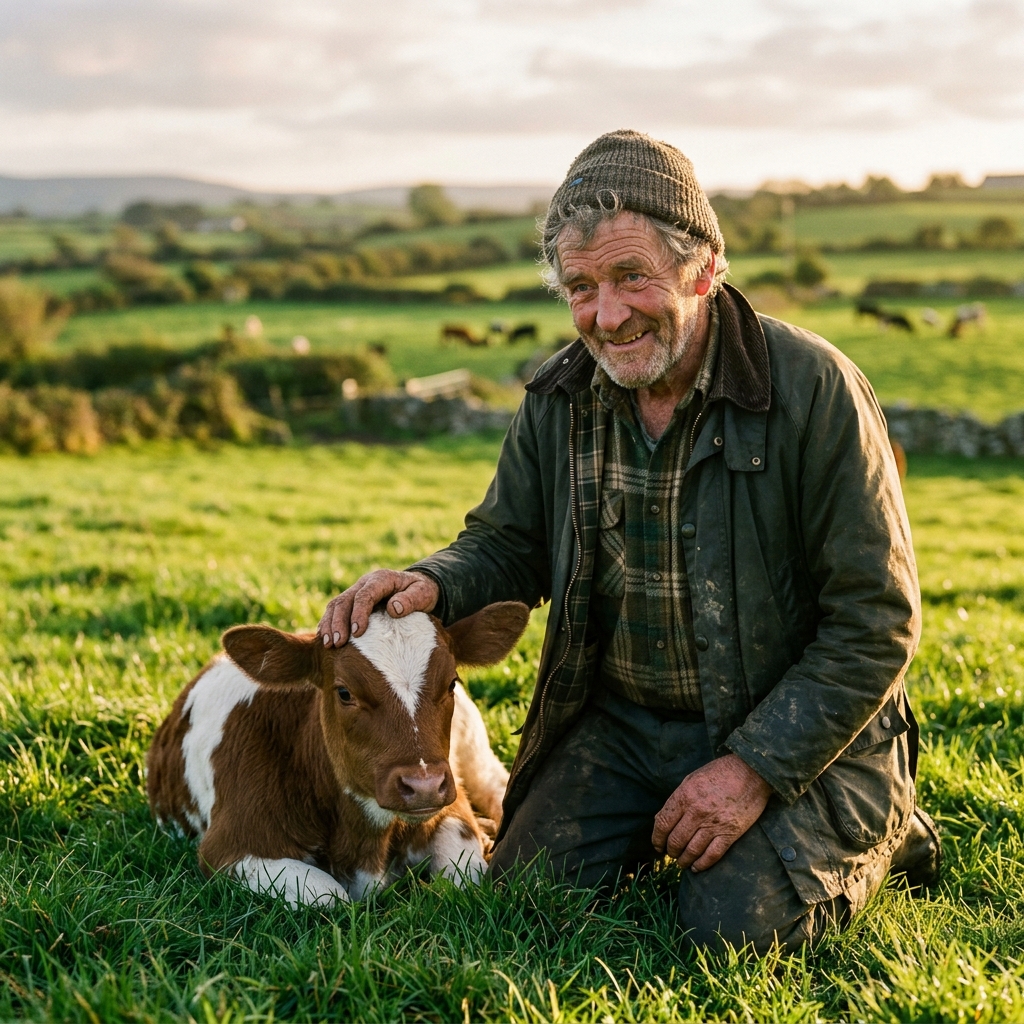 Irish farmer tending to a calf on the farm
