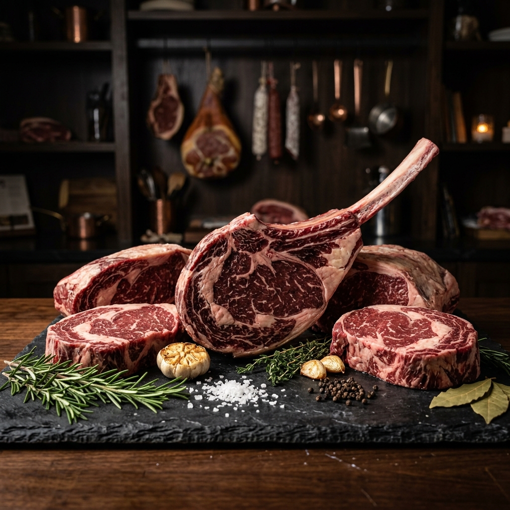 Premium cuts of beef on a dark slate board
